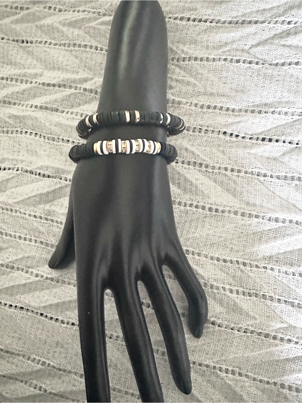 Black and White Clay Handmade Beaded Stretch Bracelets with Gold Accents - Picture 1 of 3